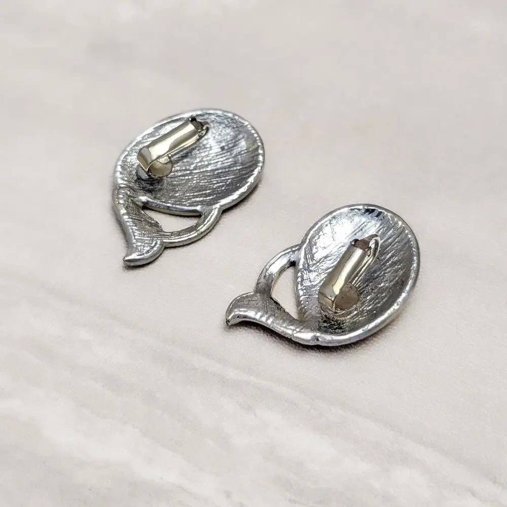 Vintage Clip On Earrings Large Cream Enamel & Silver Tone - Condition Issues
